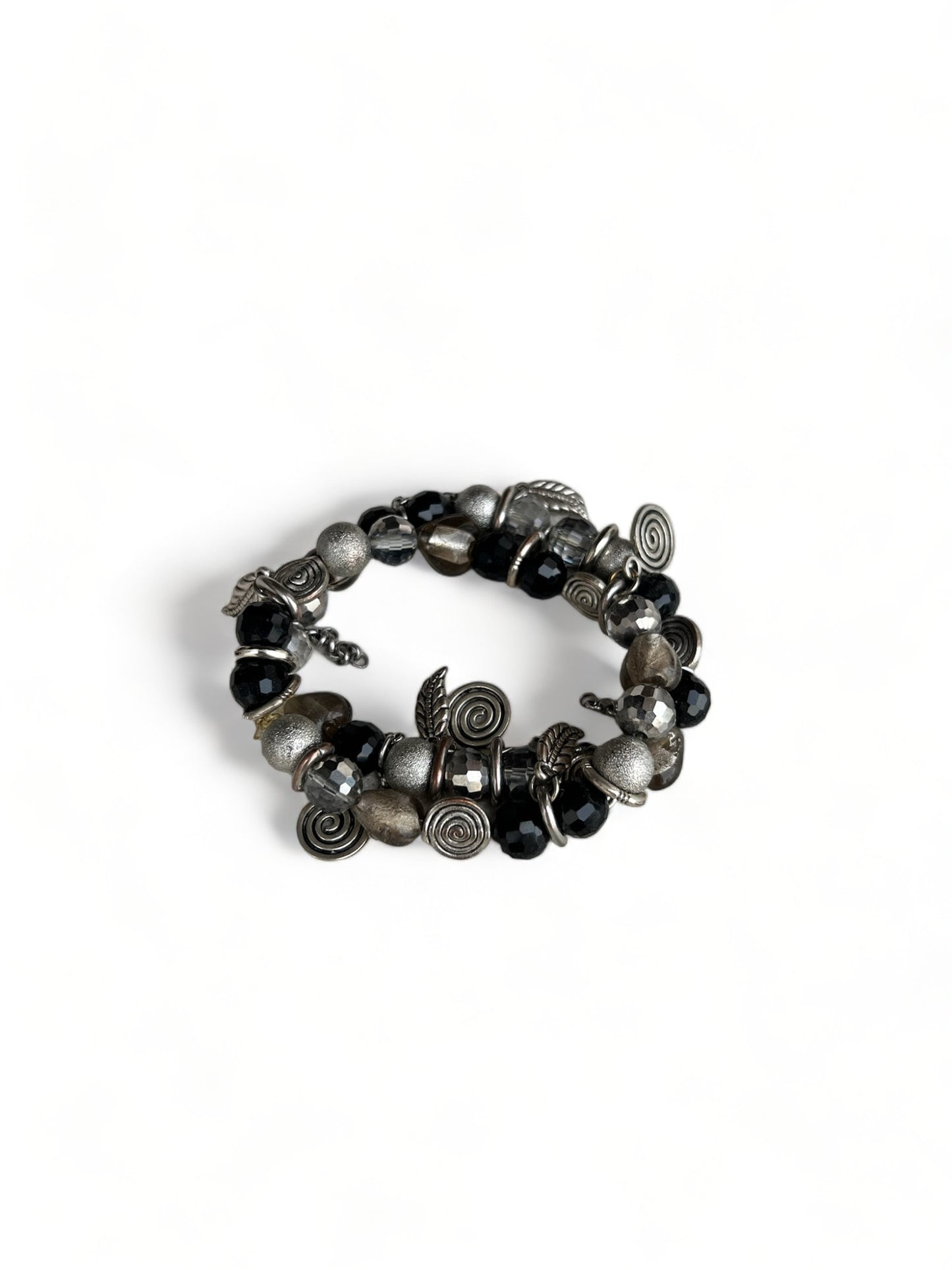 Chunky Beaded Bracelet Black Silver Layered