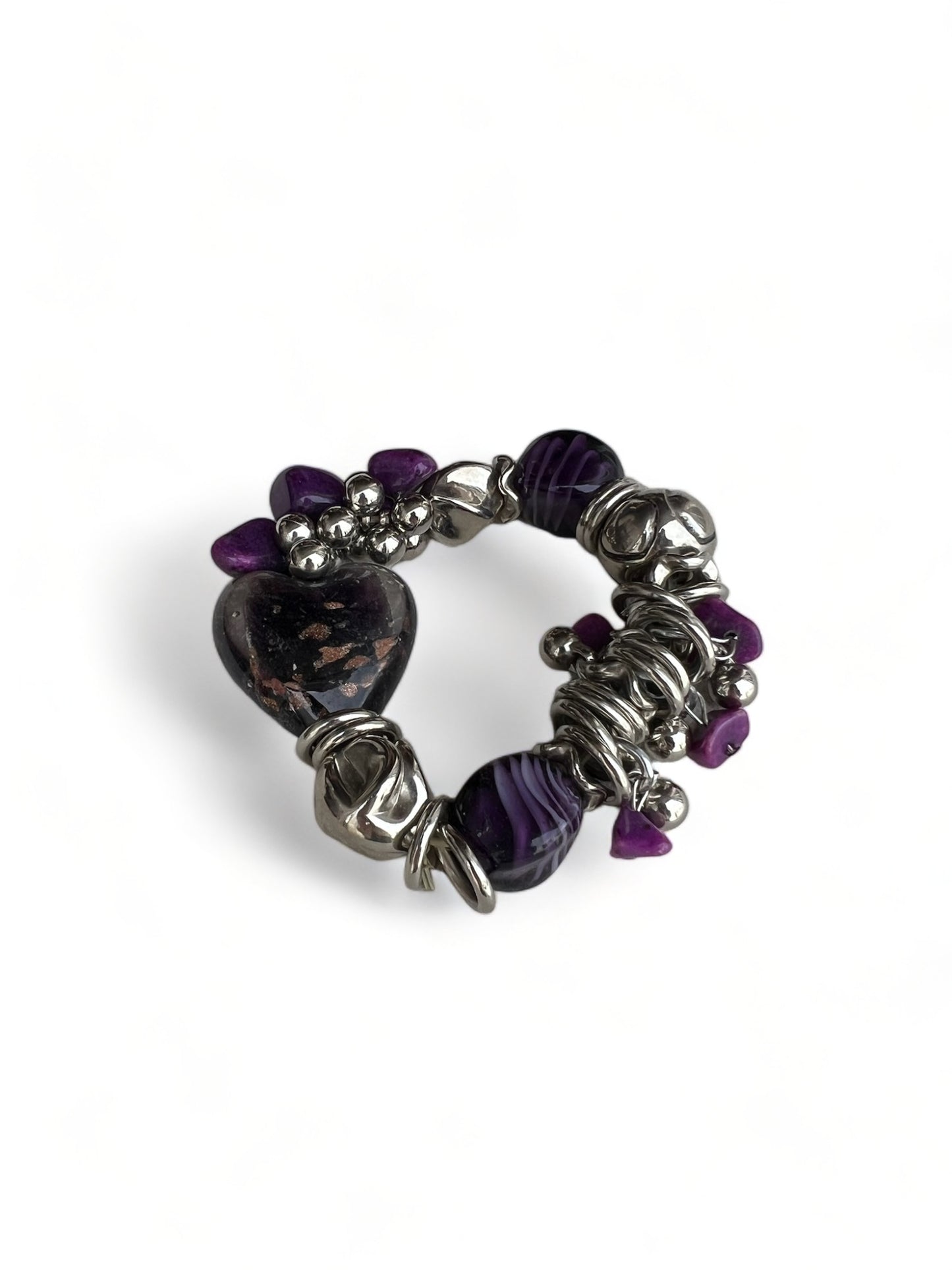 Chunky Beaded Bracelet Black Purple Silver