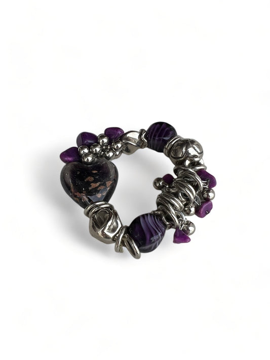 Chunky Beaded Bracelet Black Purple Silver