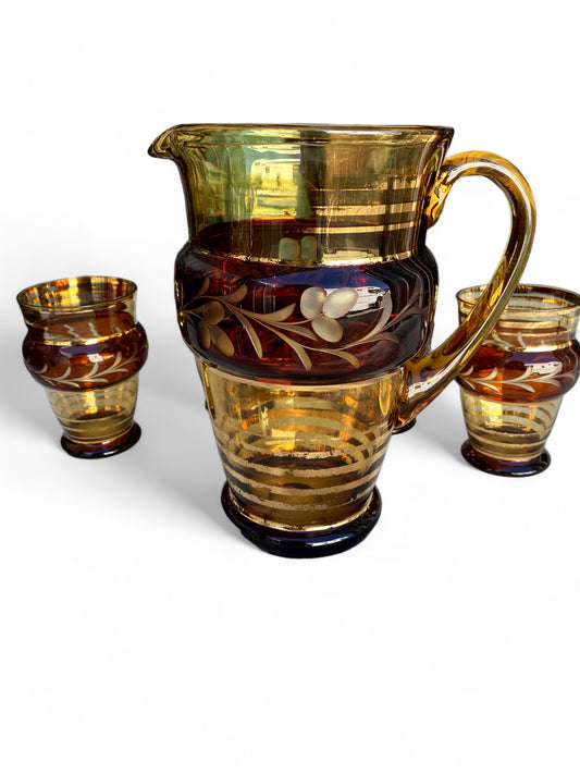 Vintage Amber Water Jug & Glass Set