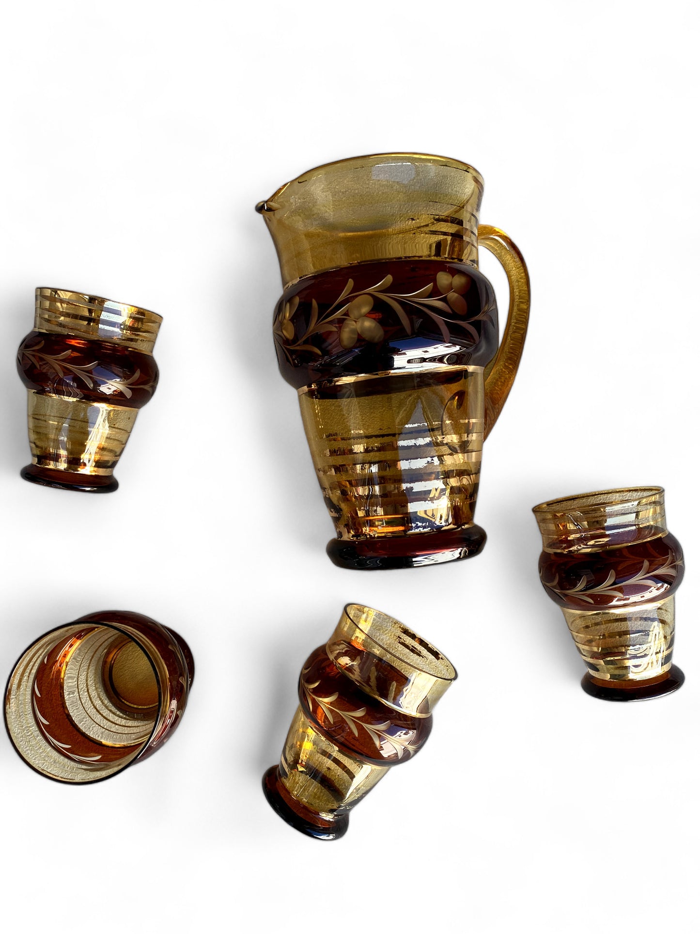 Vintage Amber Water Jug & Glass Set
